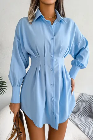 Lantern Sleeve Waisted Asymmetric Shirt Dress