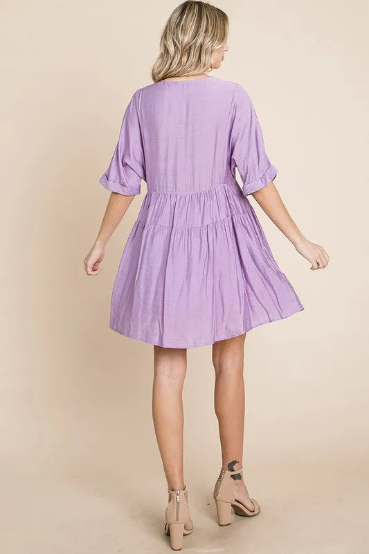 Lavender Tiered Dolman Sleeve V neck Babydoll Dress