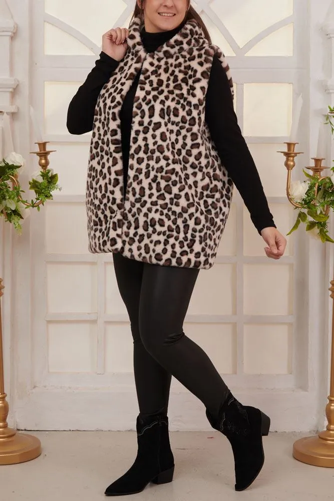 Leopard Print Soft Feel Faux Fur Hooded Gilet