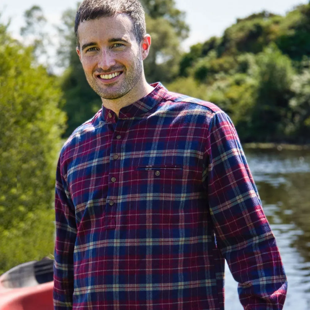 Maroon Navy Check Cotton Grandfather Shirt