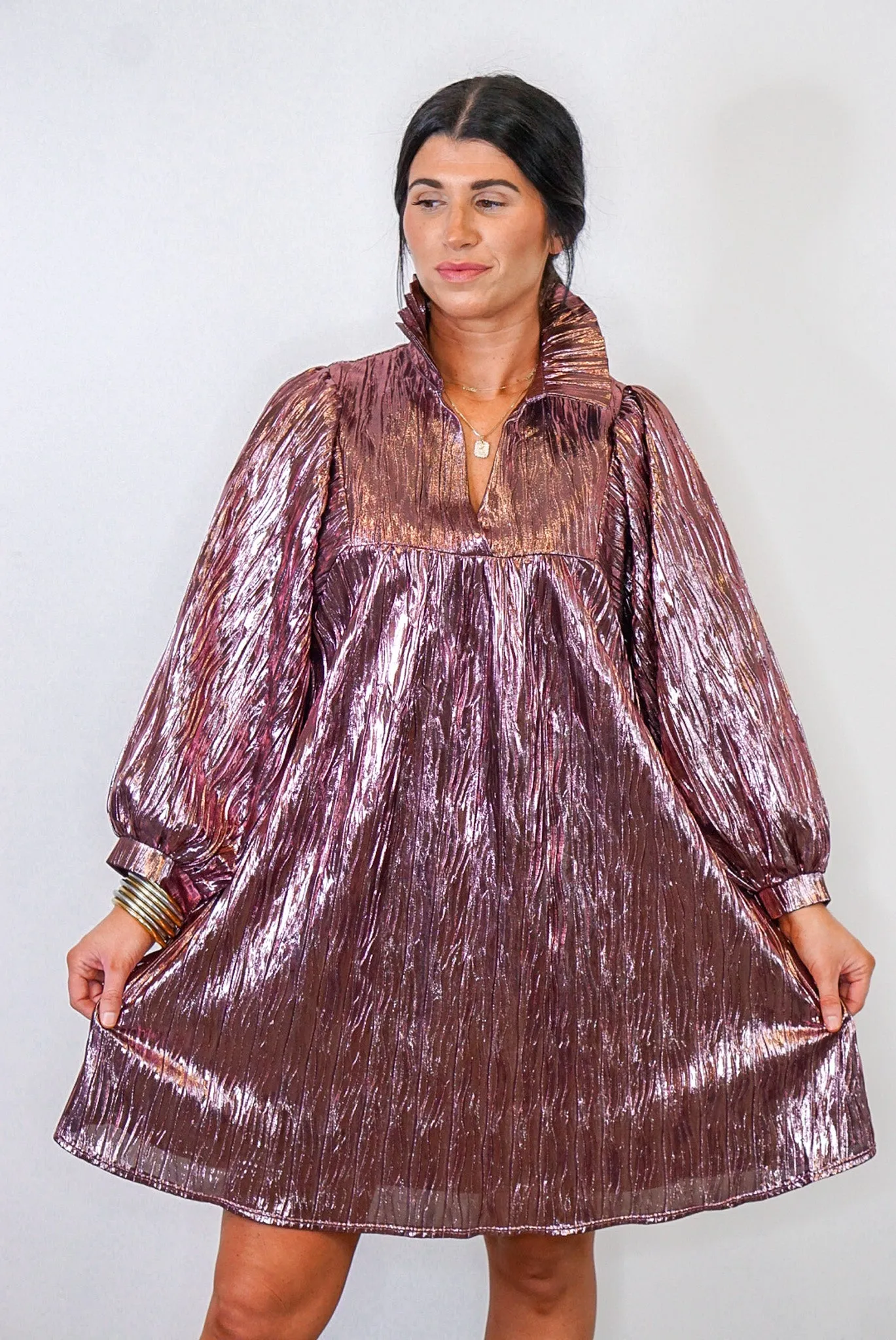 Mauve Shimmer Metallic Babydoll Dress