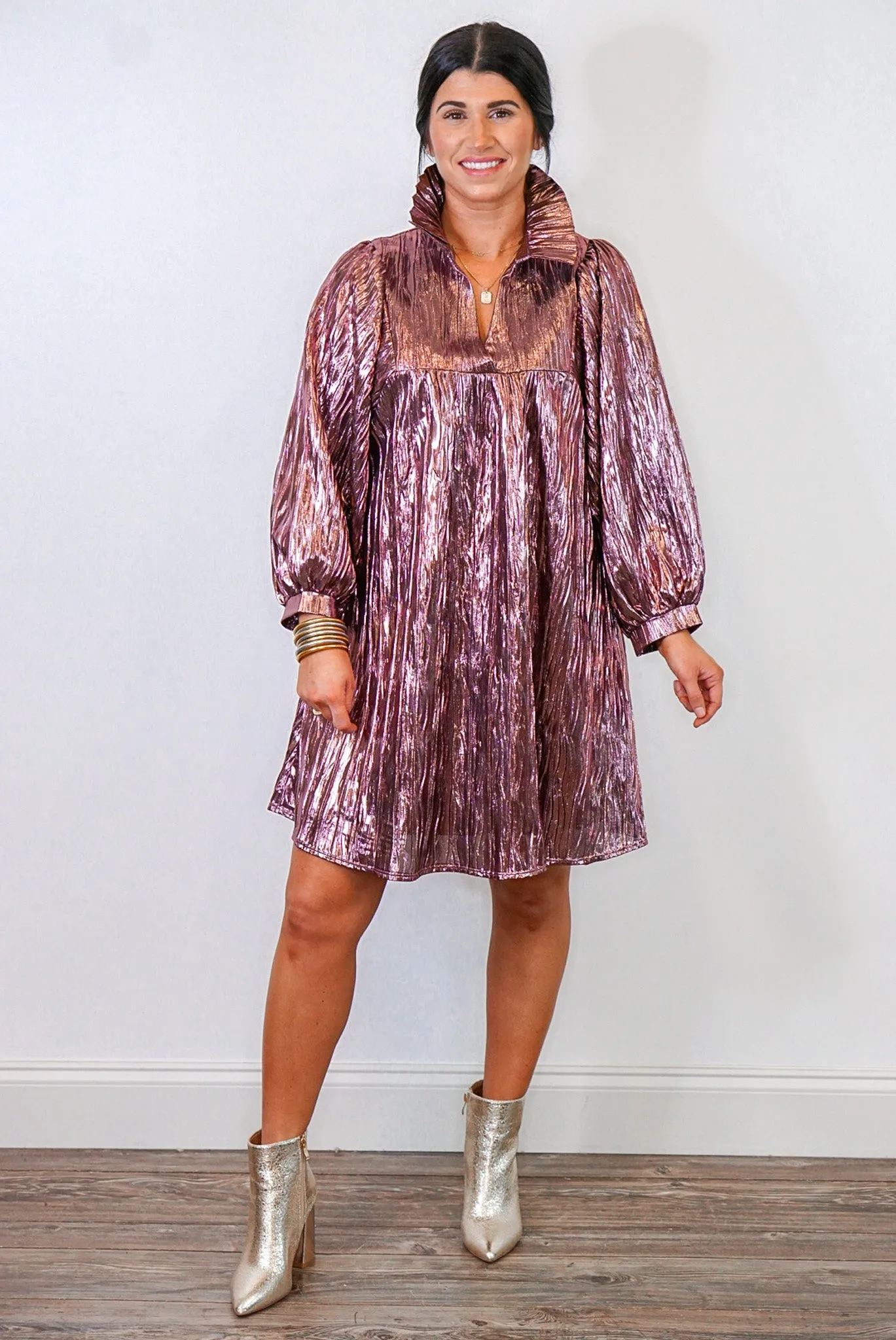 Mauve Shimmer Metallic Babydoll Dress