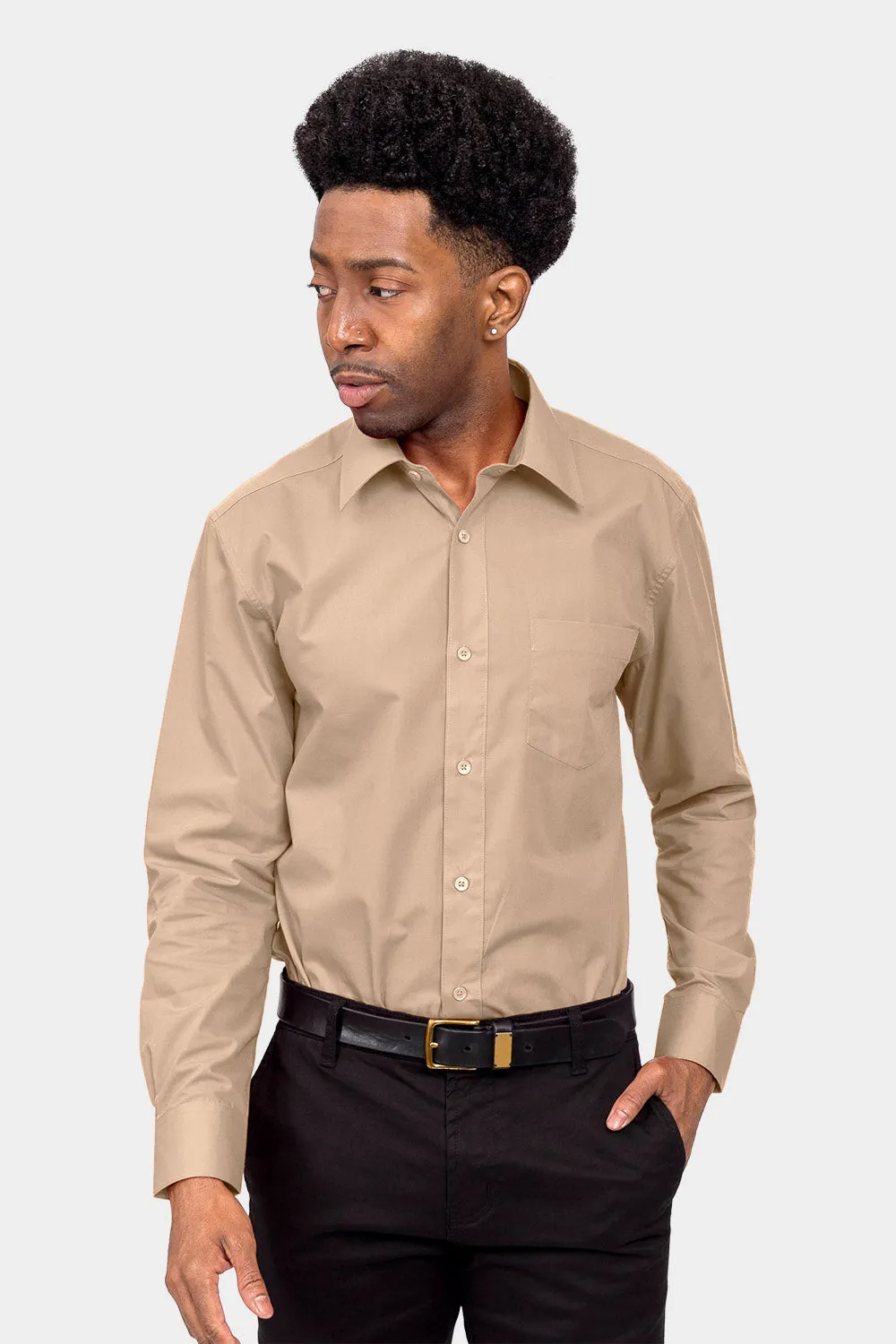 Men's Basic Solid Color Button Up Dress Shirt (Beige)