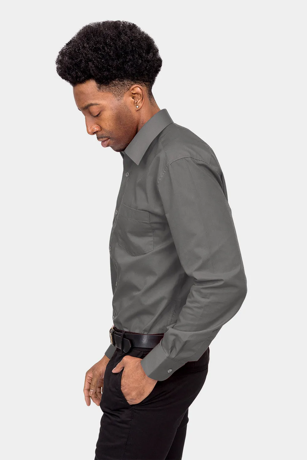 Men's Basic Solid Color Button Up Dress Shirt (Charcoal)