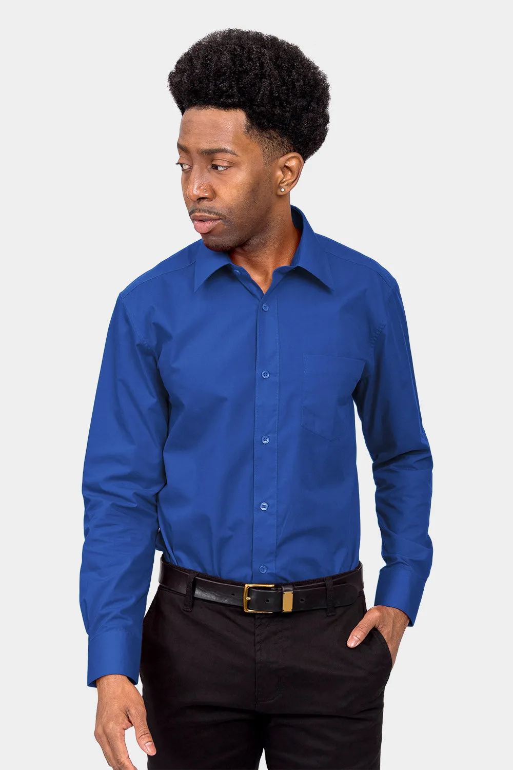 Men's Basic Solid Color Button Up Dress Shirt (Royal Blue)