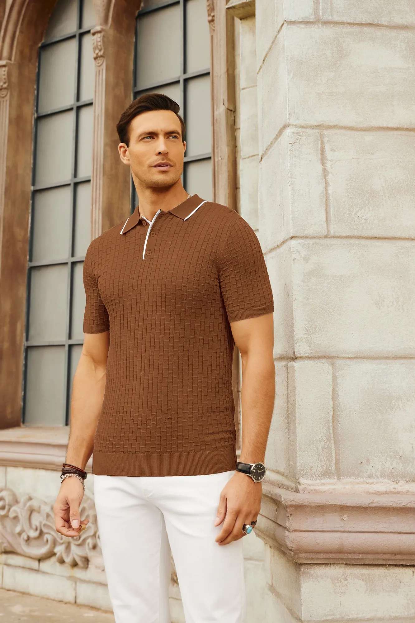 Mens Knitted Polo Shirts Short Sleeve Texture Golf Polo Pullover Shirts Casual Breathable Polo Shirts