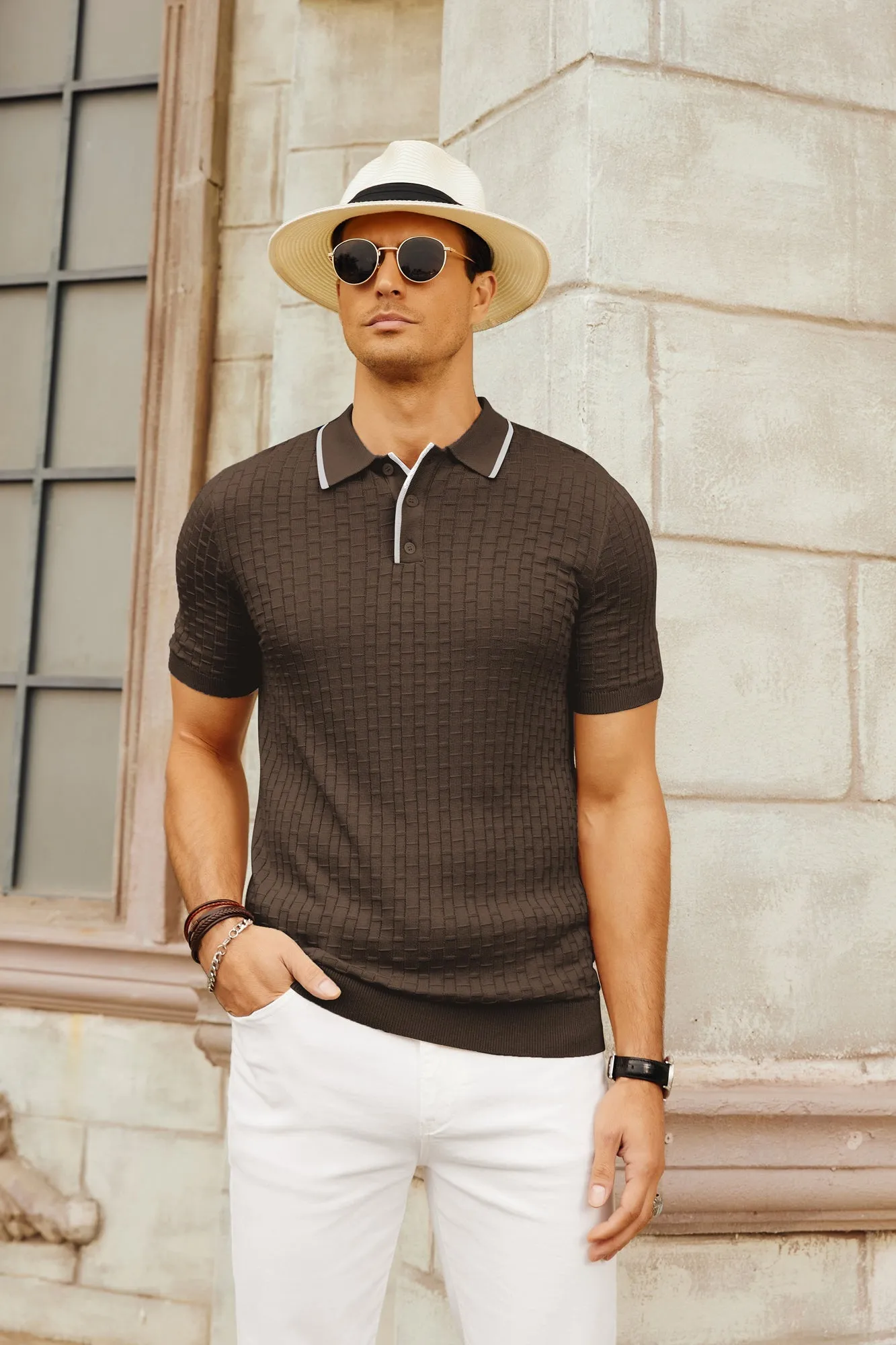 Mens Knitted Polo Shirts Short Sleeve Texture Golf Polo Pullover Shirts Casual Breathable Polo Shirts