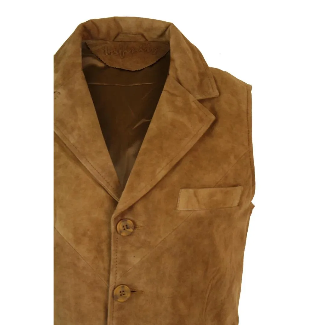 Mens Real Suede Leather Tan Brown Black Smart Casual Gilet Waistcoat Vintage Retro