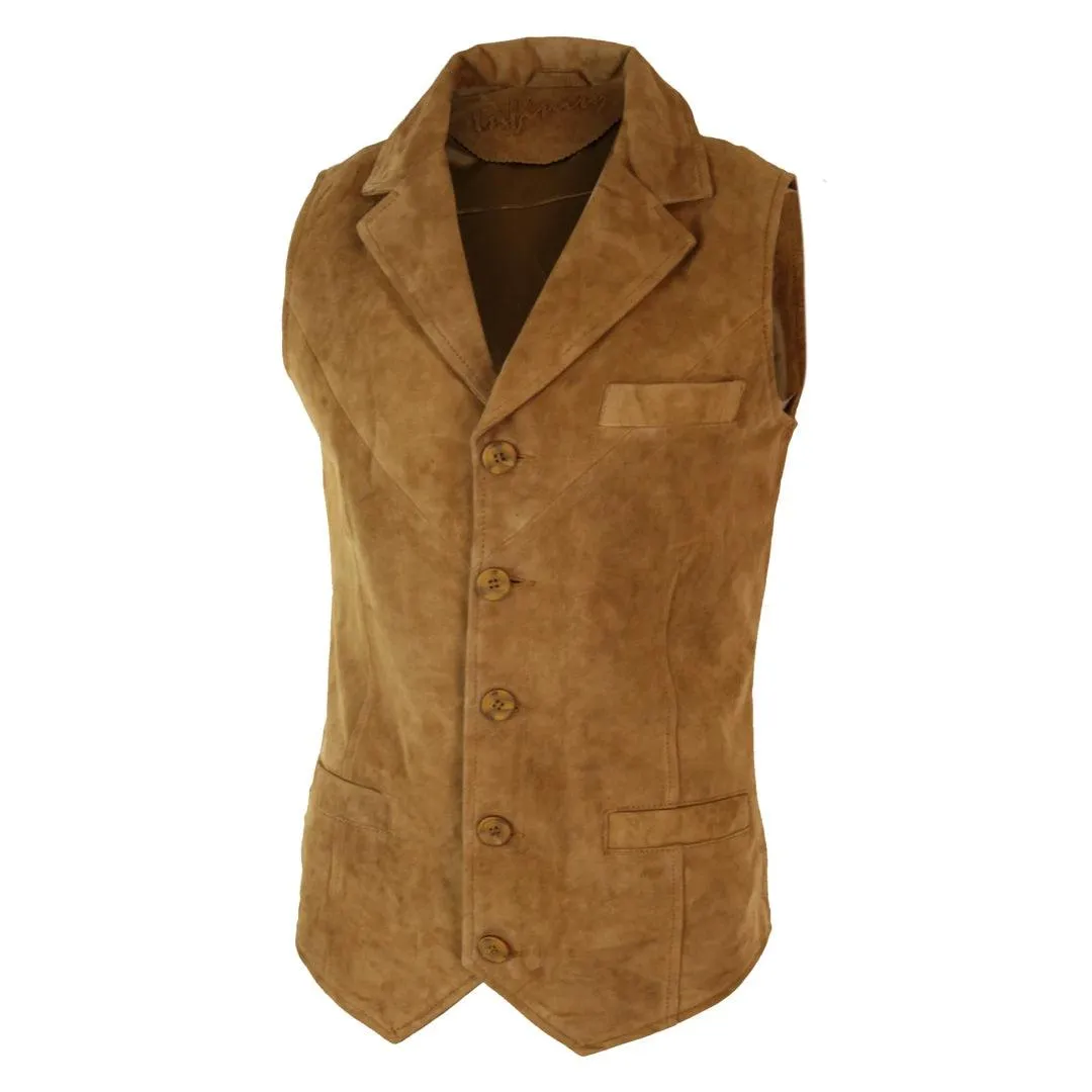 Mens Real Suede Leather Tan Brown Black Smart Casual Gilet Waistcoat Vintage Retro