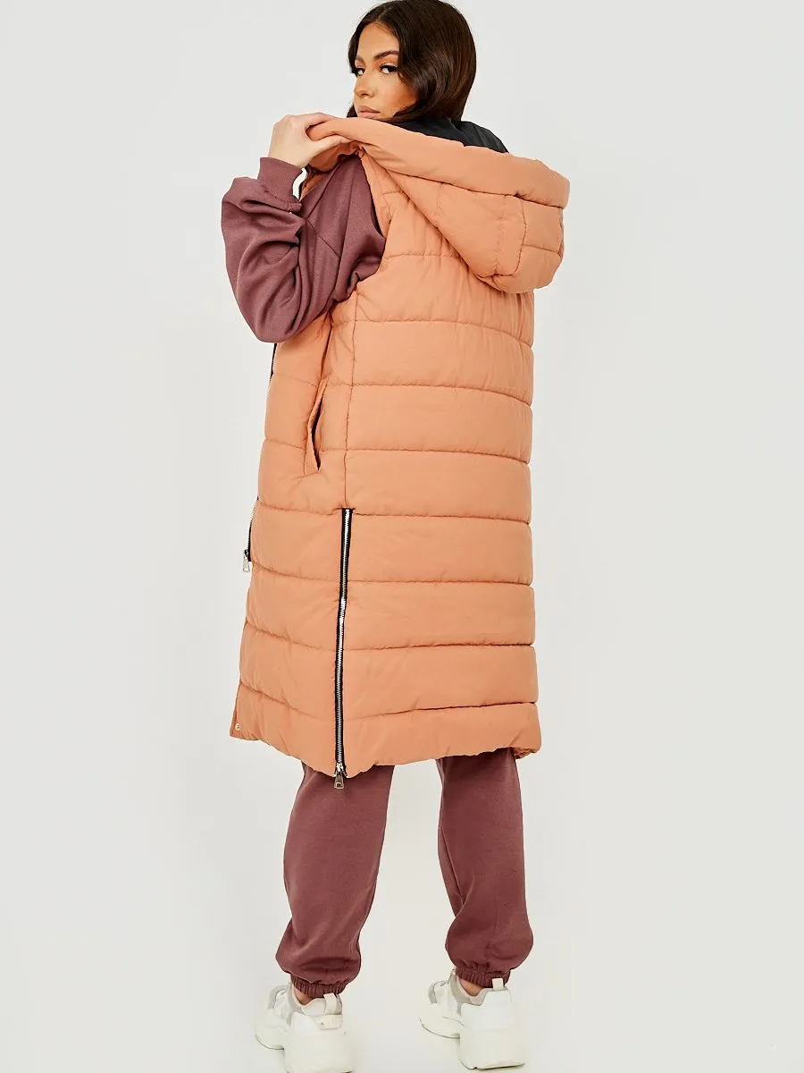 Michele Longline Hooded Puffer Gilet In Camel