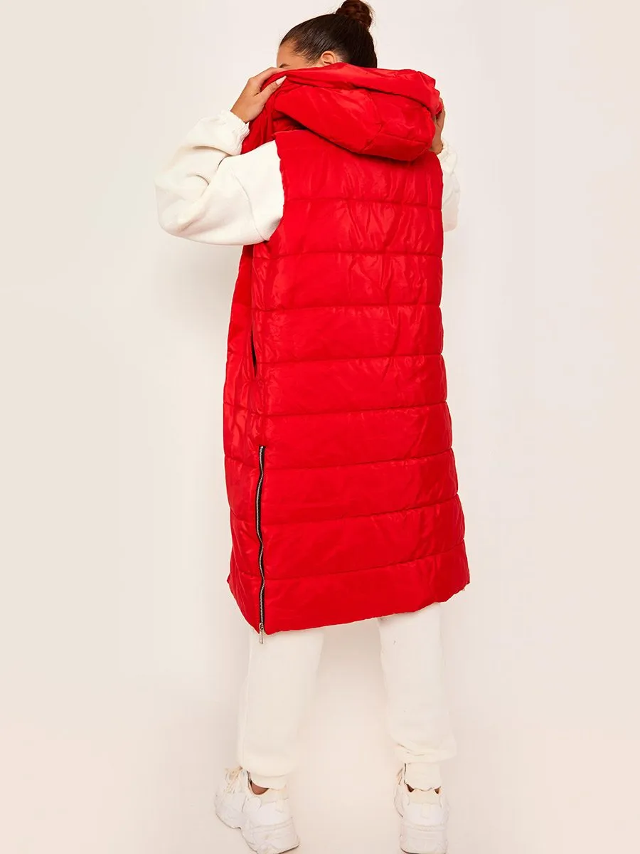 Michele Longline Hooded Puffer Gilet In Red