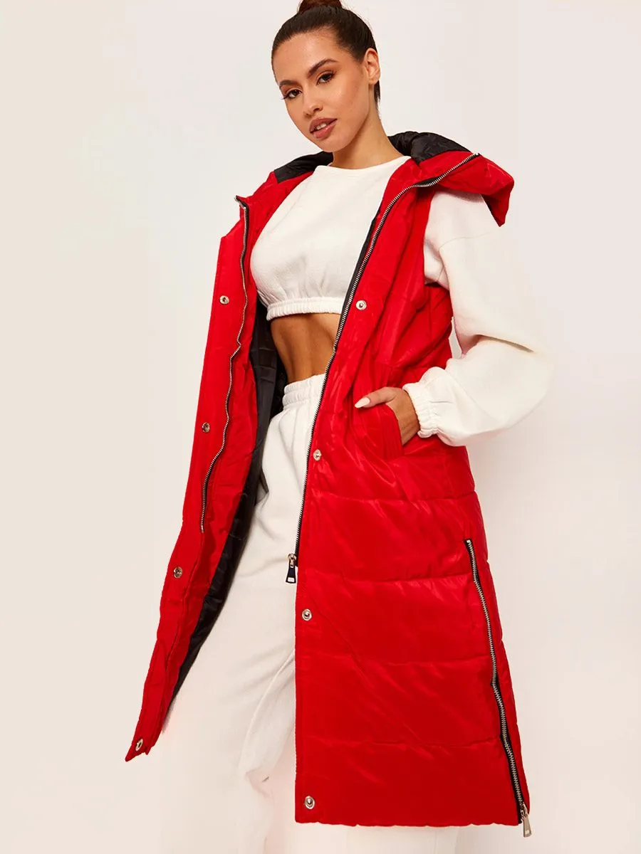 Michele Longline Hooded Puffer Gilet In Red