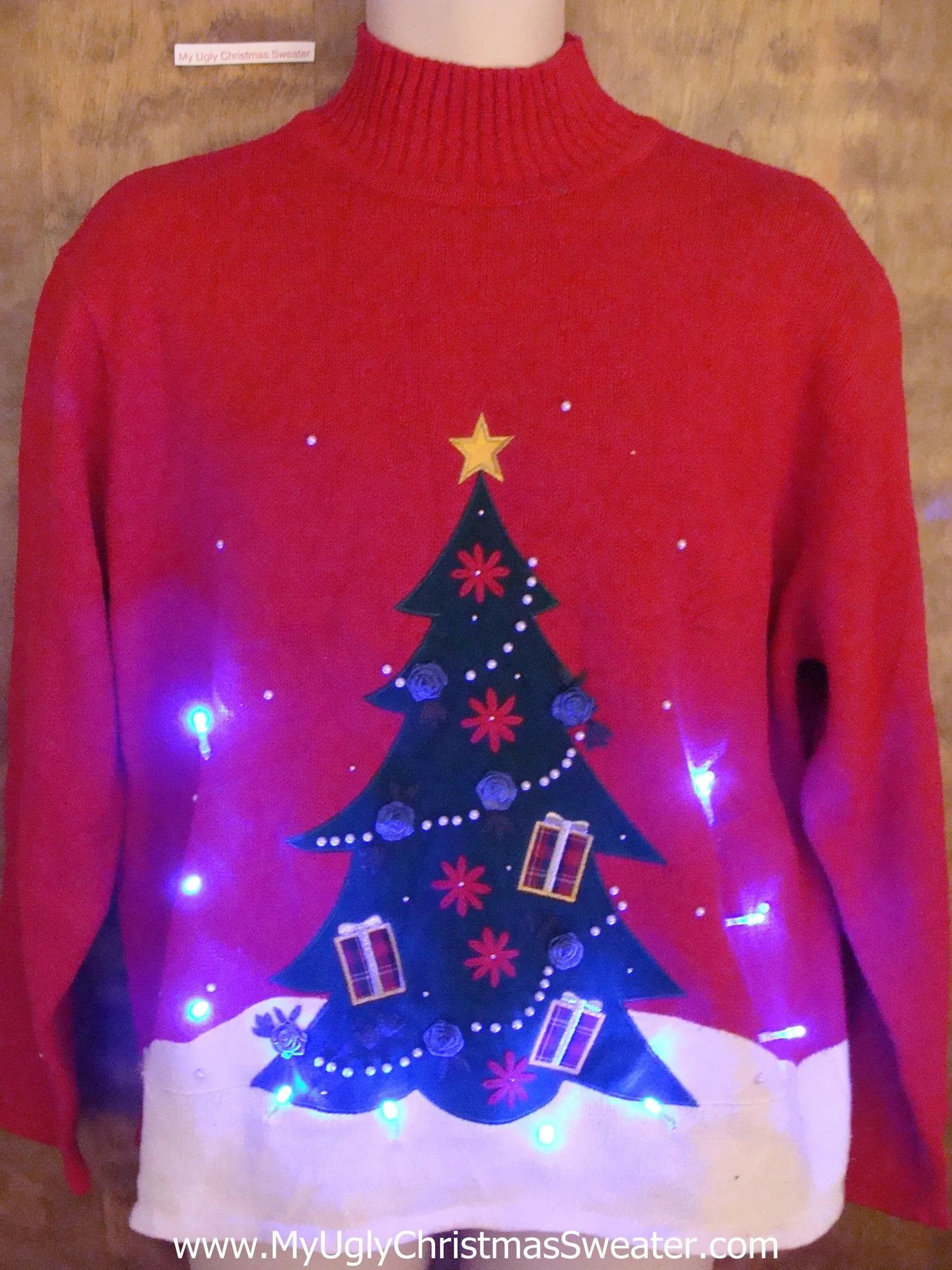 Mock Tneck with Tree Light Up Ugly Xmas Sweater