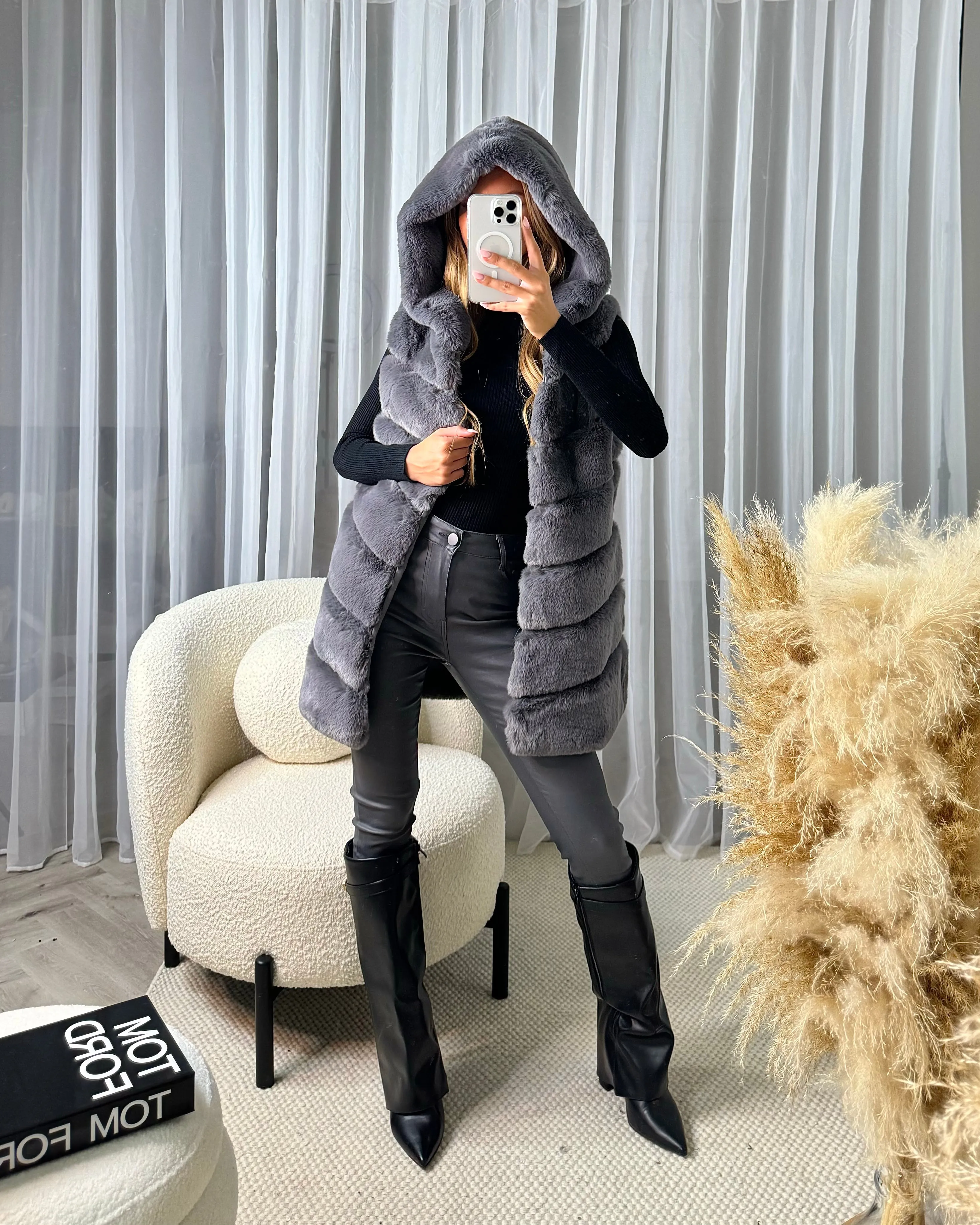 Naomi Faux Fur Gilet with Hood - Charcoal Grey