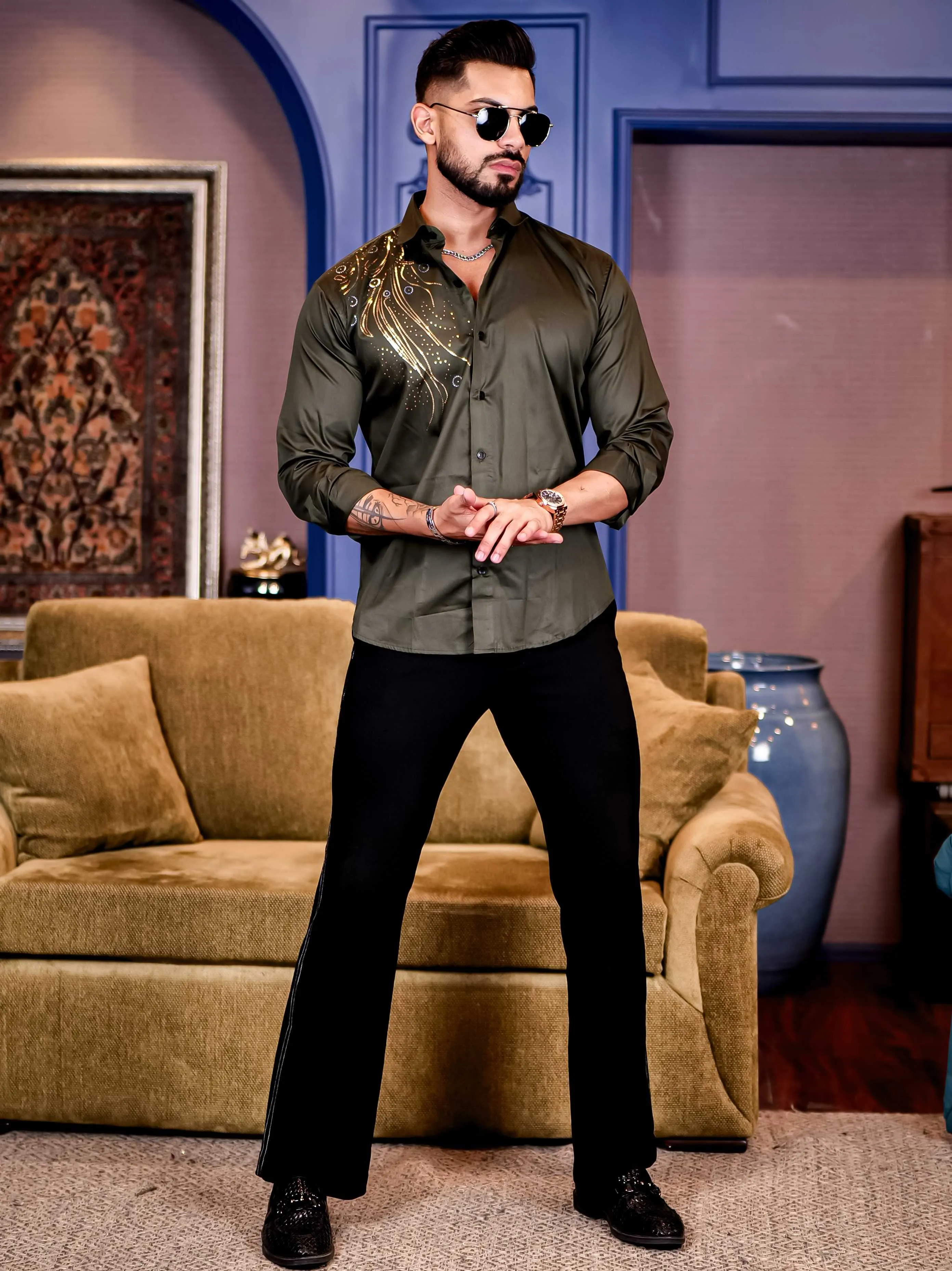 Olive Sequence Club Wear Satin Cotton Party Shirt