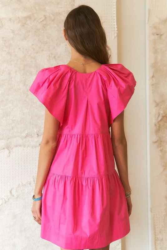 Pink Ruffle Sleeve Tiered Babydoll Dress