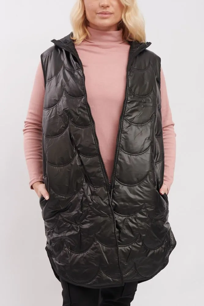 Plain Quilted Zip Up Long Hooded Gilet