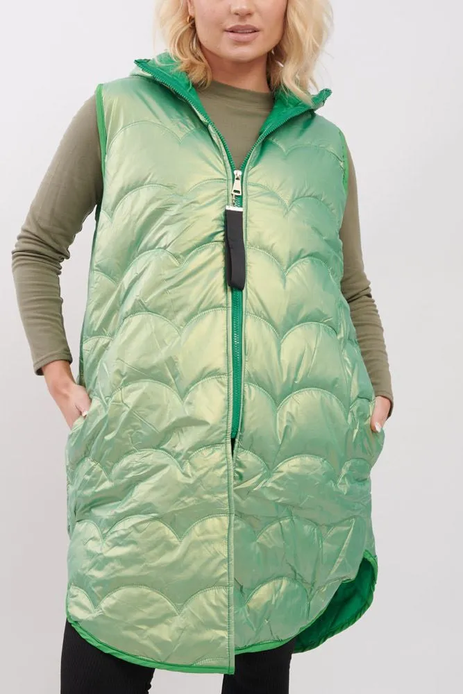 Plain Quilted Zip Up Long Hooded Gilet