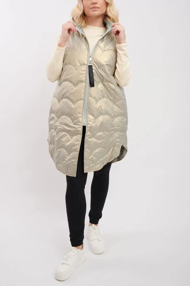 Plain Quilted Zip Up Long Hooded Gilet