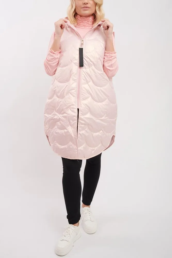 Plain Quilted Zip Up Long Hooded Gilet