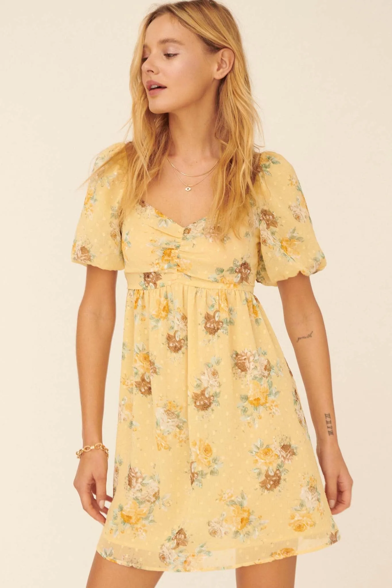 Radiate Joy Floral Swiss Dot Babydoll Dress