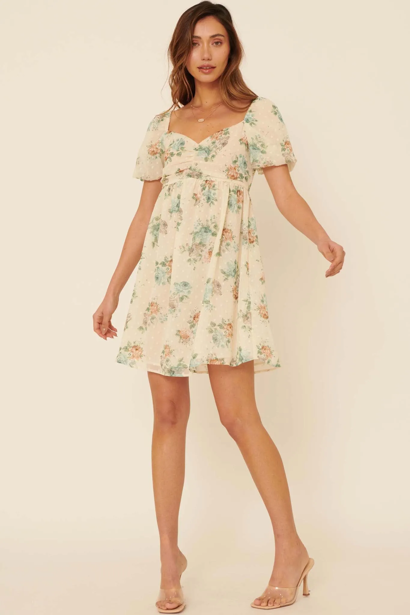 Radiate Joy Floral Swiss Dot Babydoll Dress