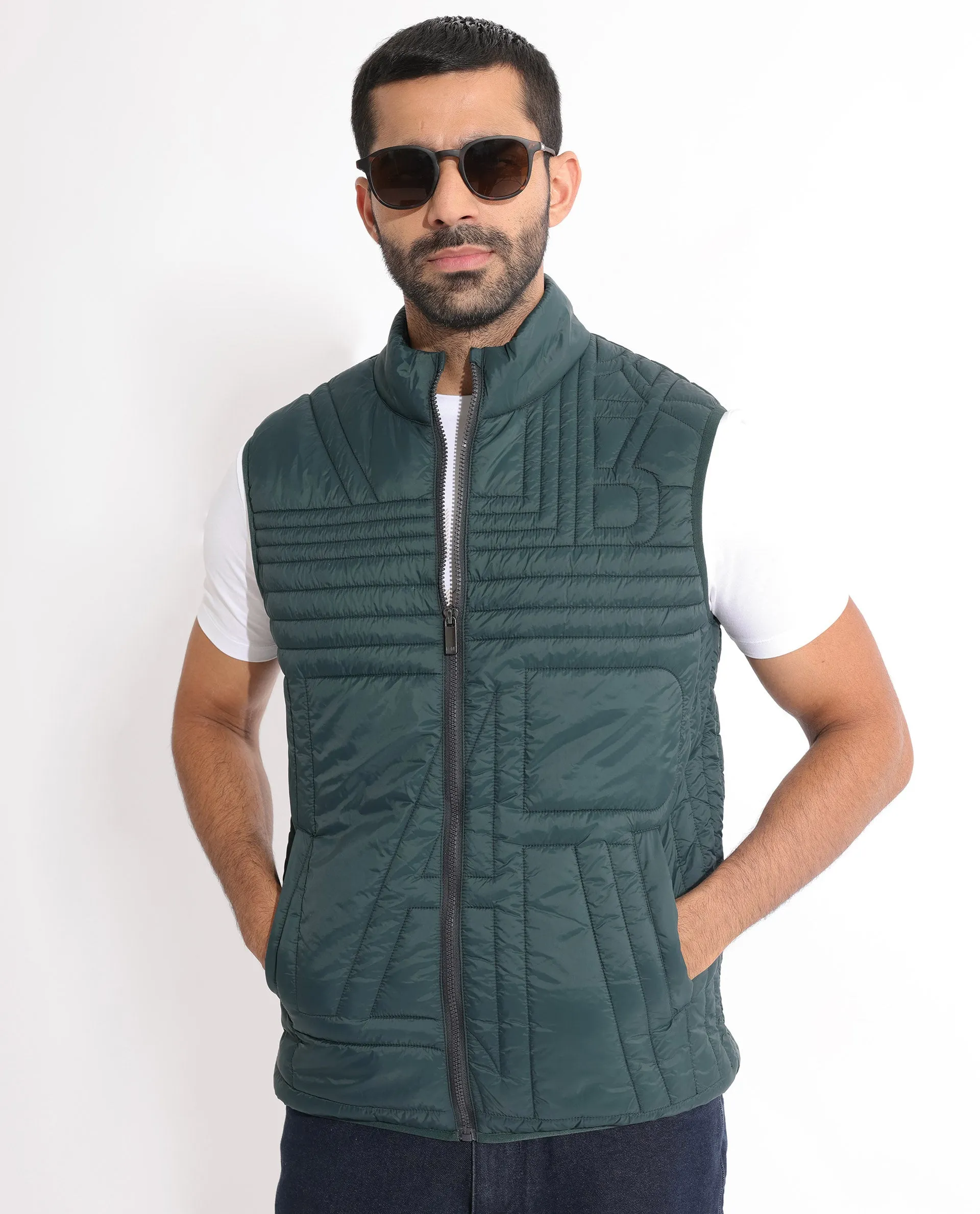 Rare Rabbit Men's Queltex Dark Petrol Branded Sleeveless Quilted Puffer Jacket