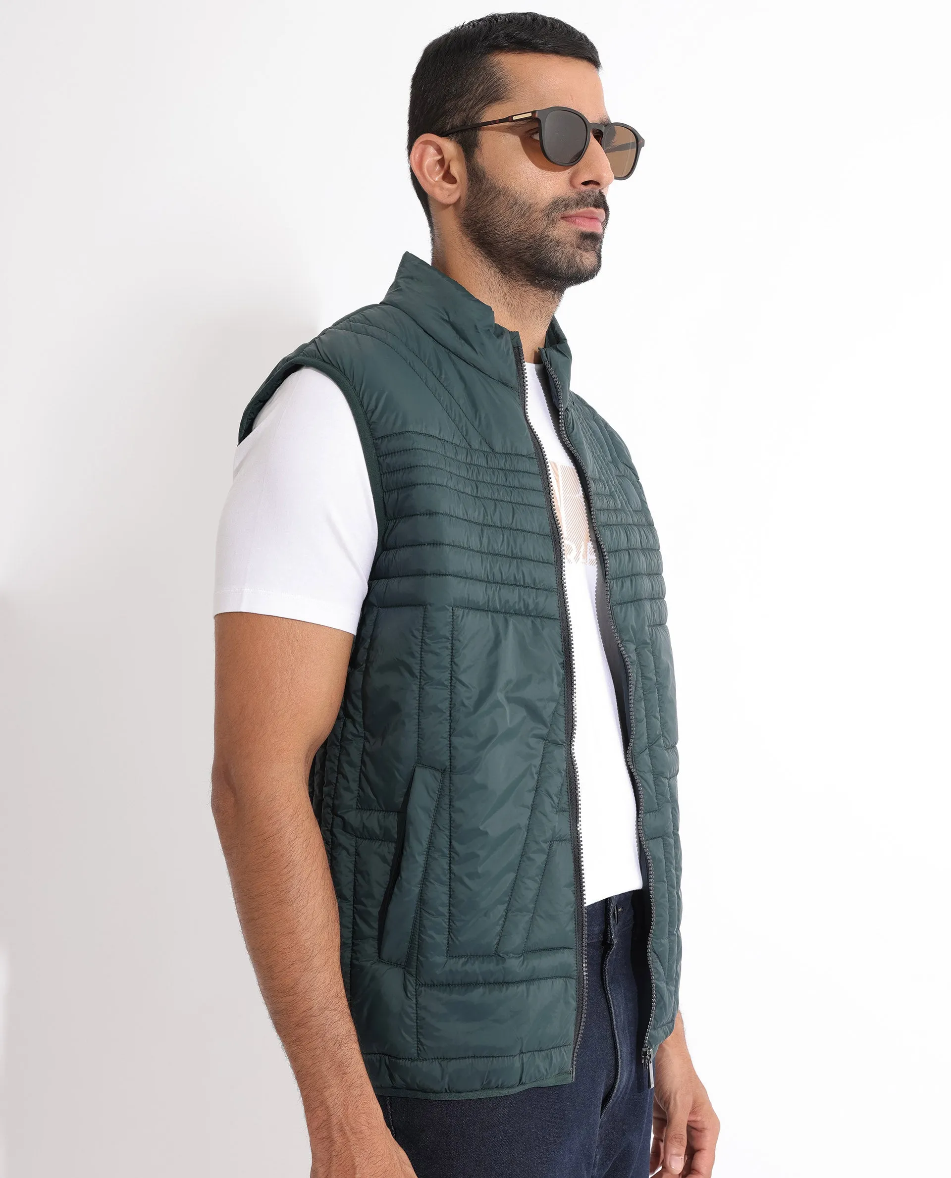 Rare Rabbit Men's Queltex Dark Petrol Branded Sleeveless Quilted Puffer Jacket