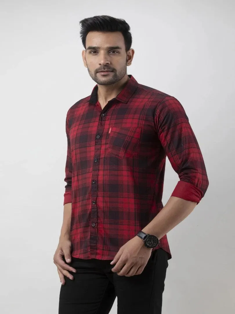 Red Checks Cotton Blend Slim Fit Men's Casual Shirt