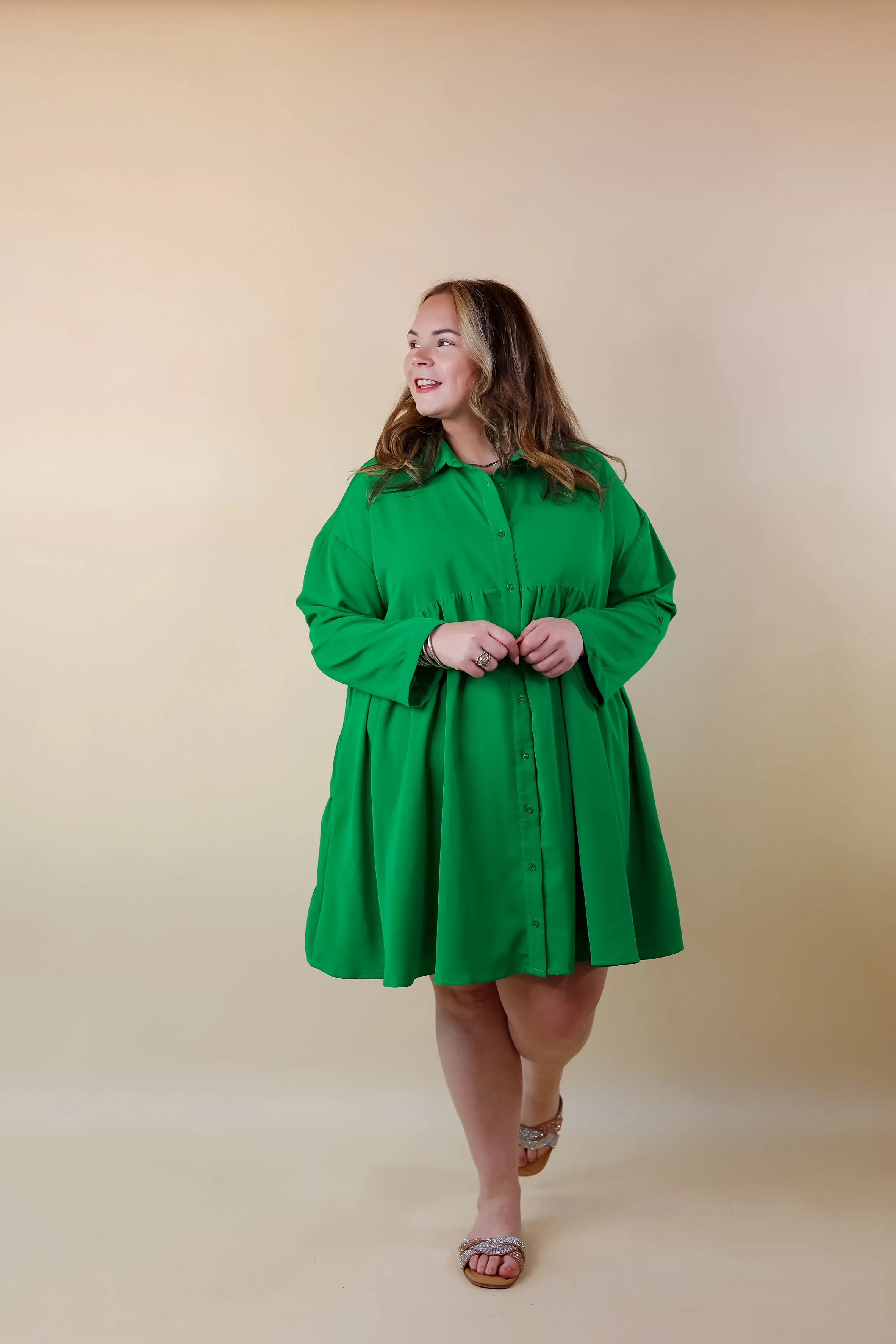 Risky Business Button Up Babydoll Dress in Green