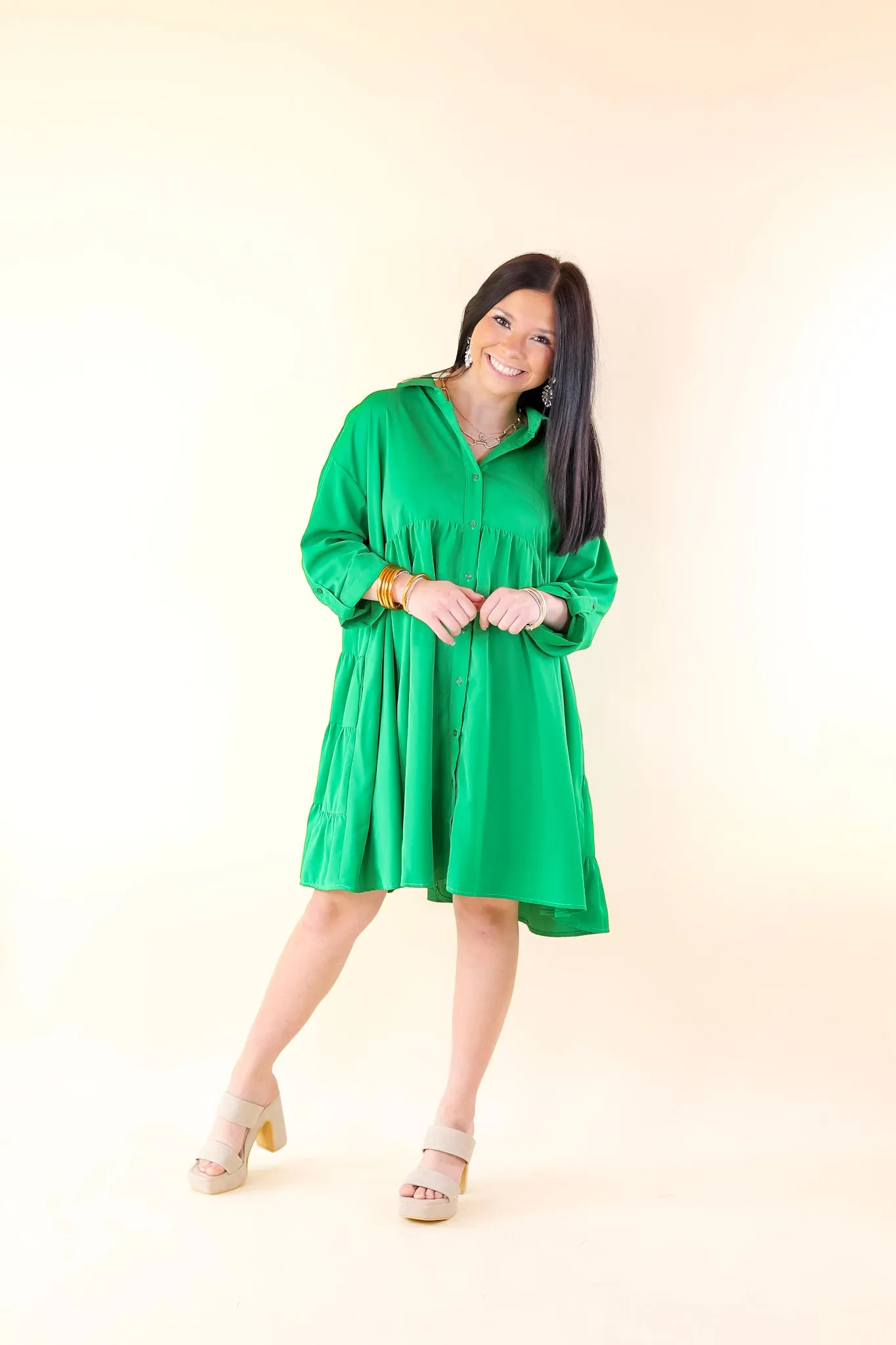 Risky Business Button Up Babydoll Dress in Green