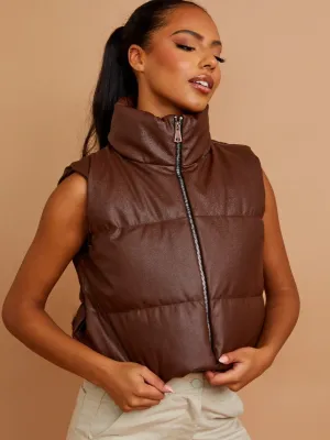 Rony PU Down Fill Padded Cropped Gilet In Chocolate