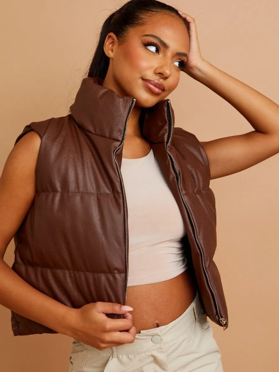 Rony PU Down Fill Padded Cropped Gilet In Chocolate