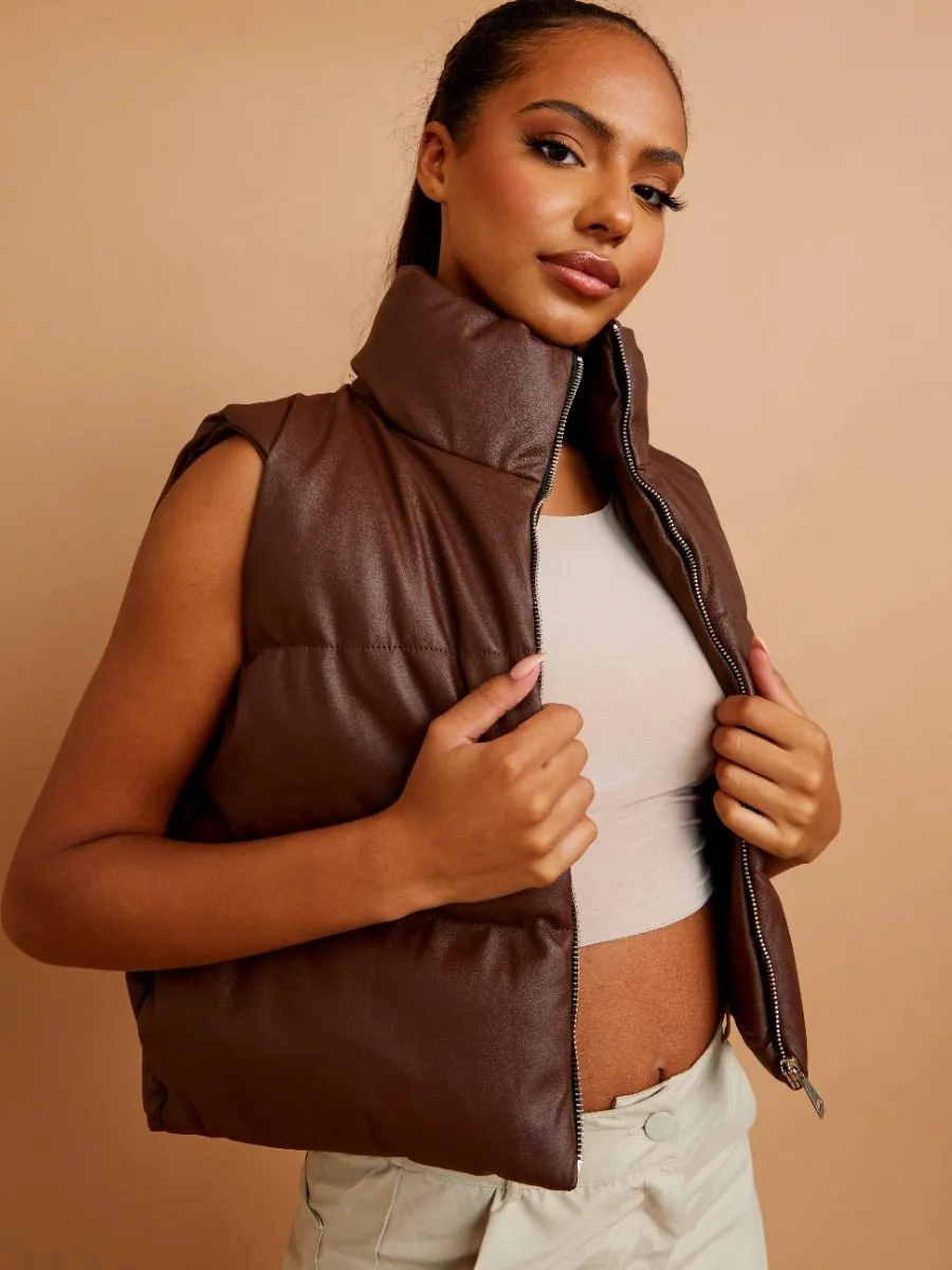 Rony PU Down Fill Padded Cropped Gilet In Chocolate