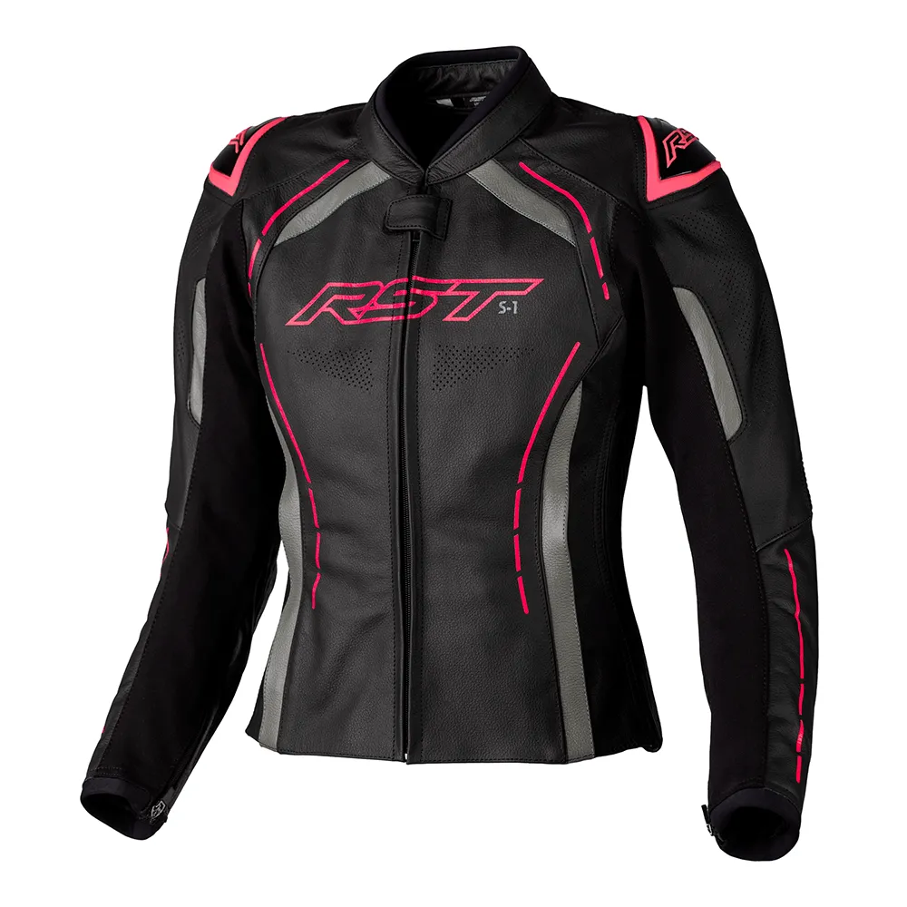 RST S1 CE LADIES LEATHER JACKET [BLACK/NEON PINK]