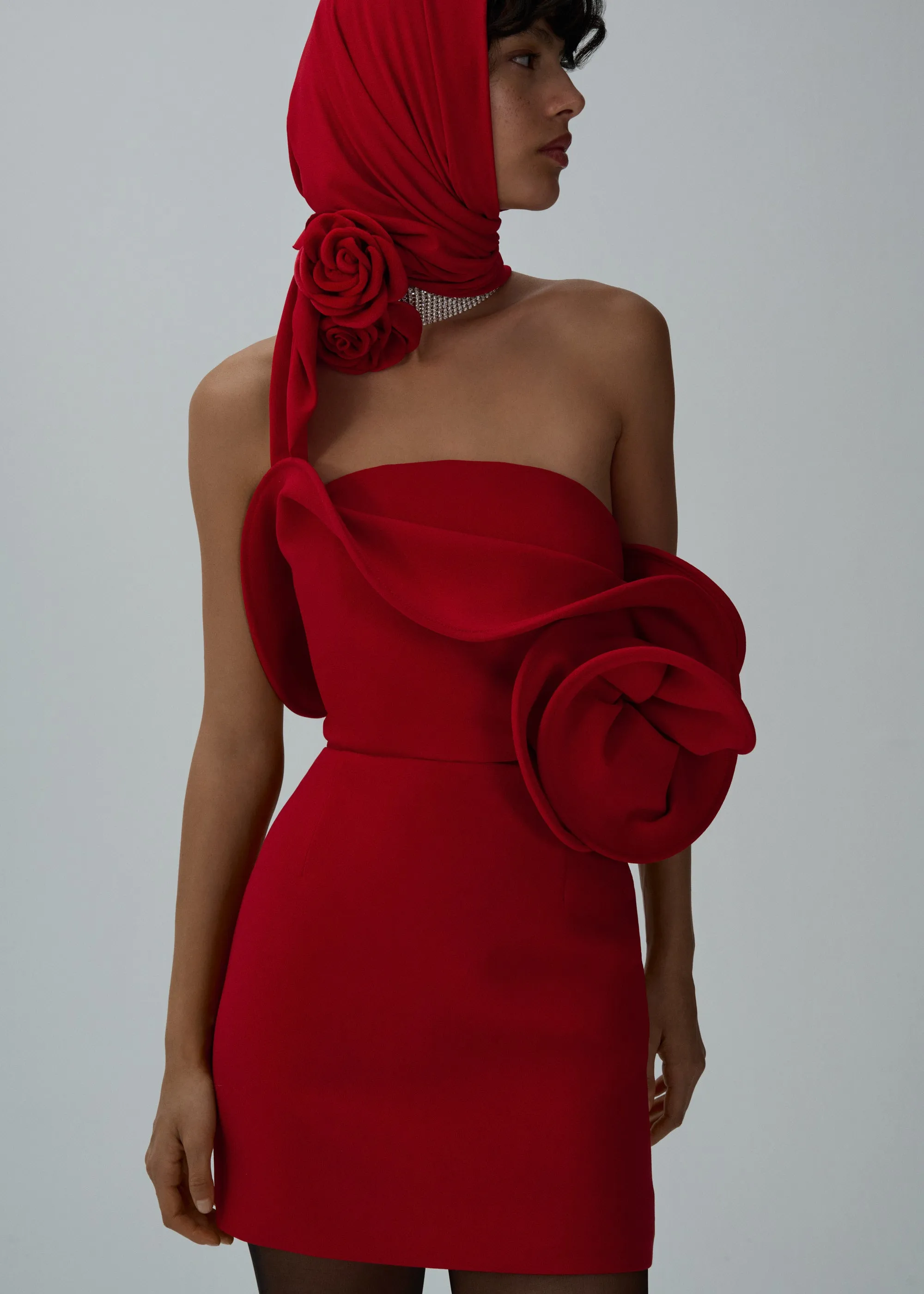 Sculptural rose mini dress in red