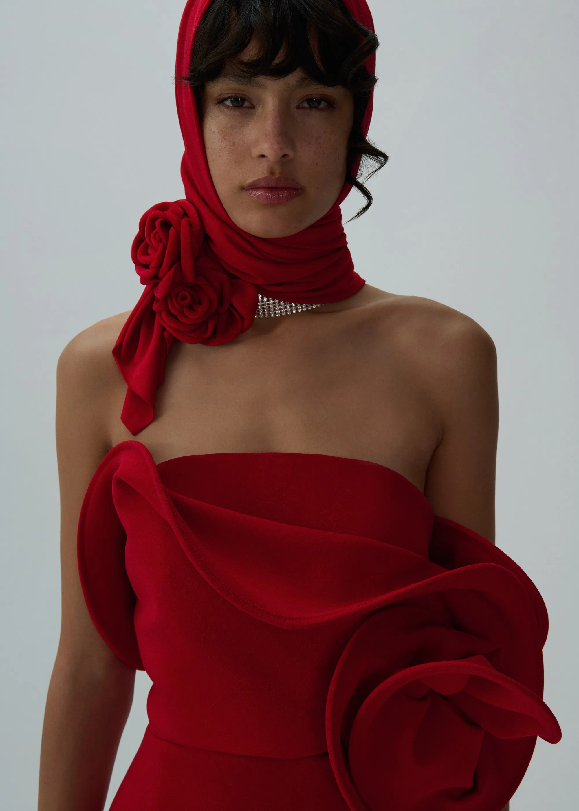 Sculptural rose mini dress in red