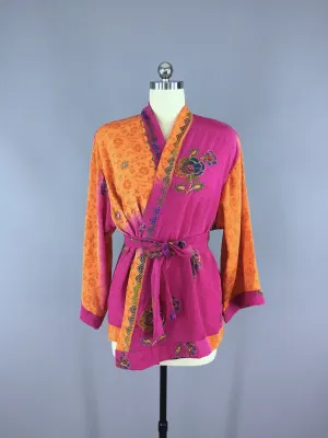 Silk Kimono Cardigan / Vintage Indian Sari / Pink Orange Rhinestones