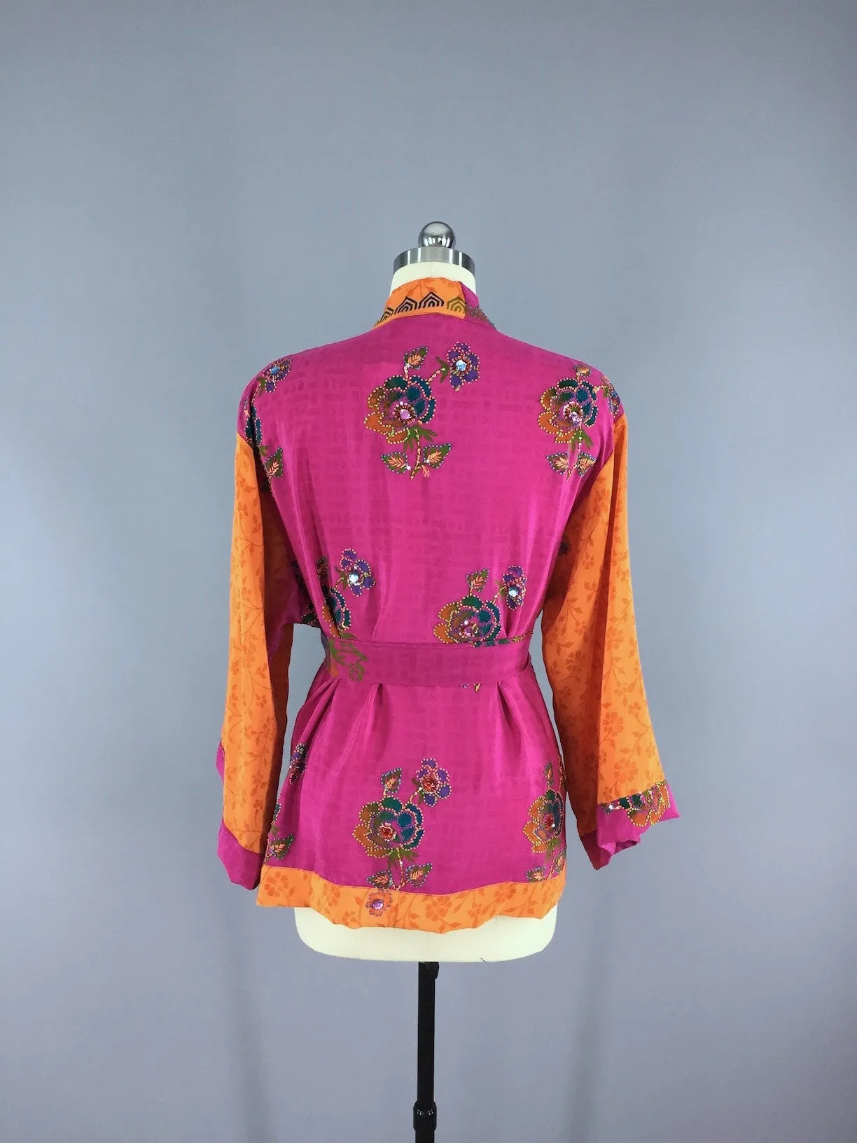 Silk Kimono Cardigan / Vintage Indian Sari / Pink Orange Rhinestones