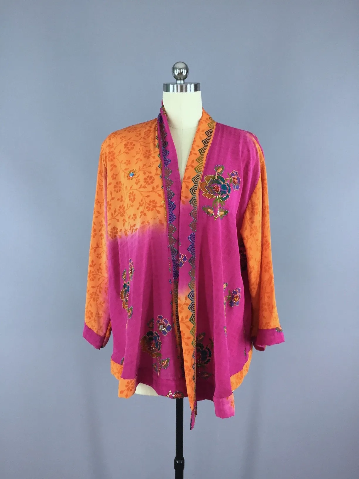 Silk Kimono Cardigan / Vintage Indian Sari / Pink Orange Rhinestones