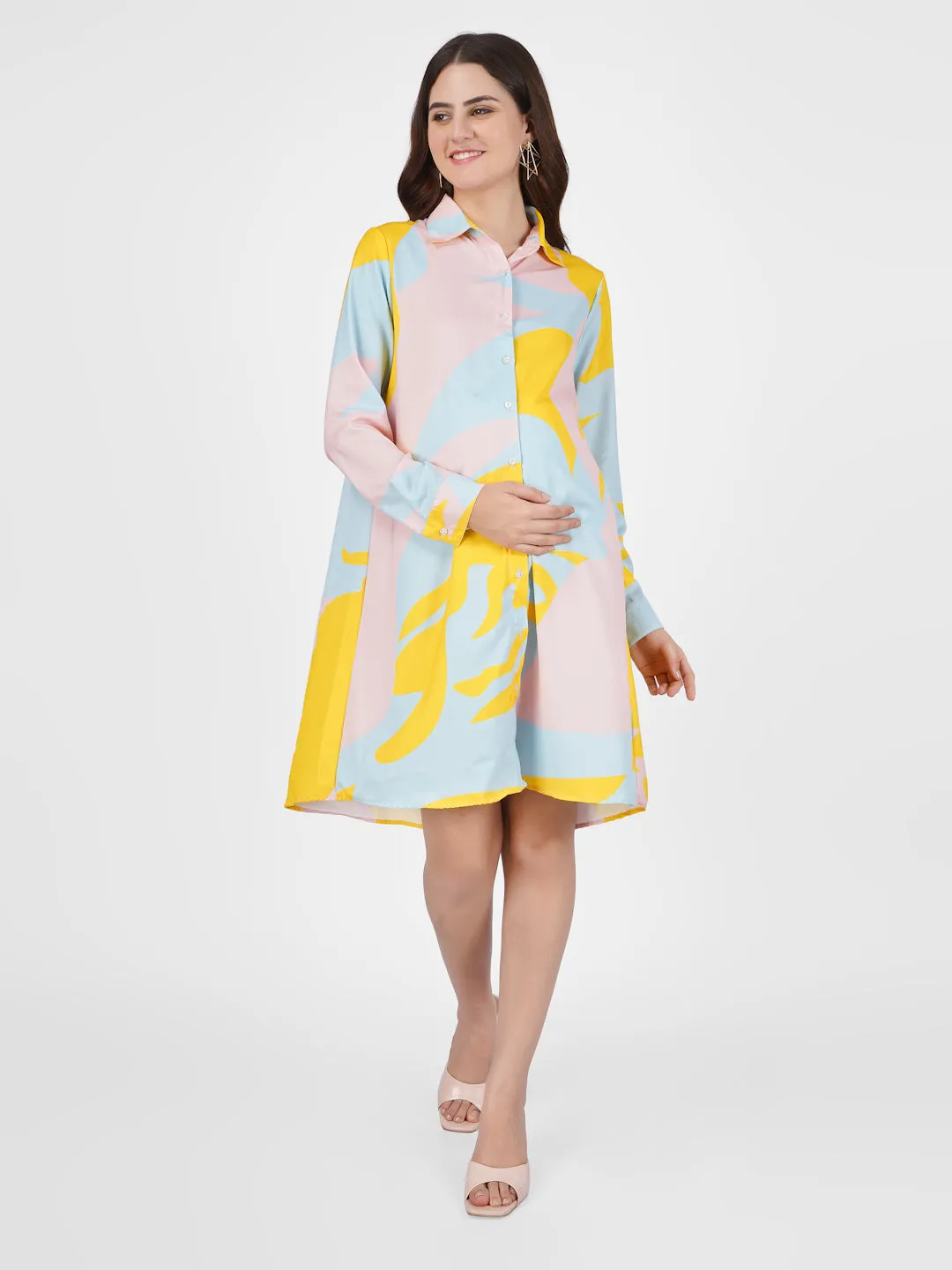 SIYA - STYLISH YELLOW ABSTRACT PRINT A-LINE MATERNITY DRESS