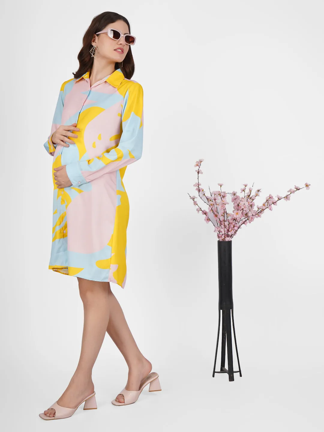 SIYA - STYLISH YELLOW ABSTRACT PRINT A-LINE MATERNITY DRESS