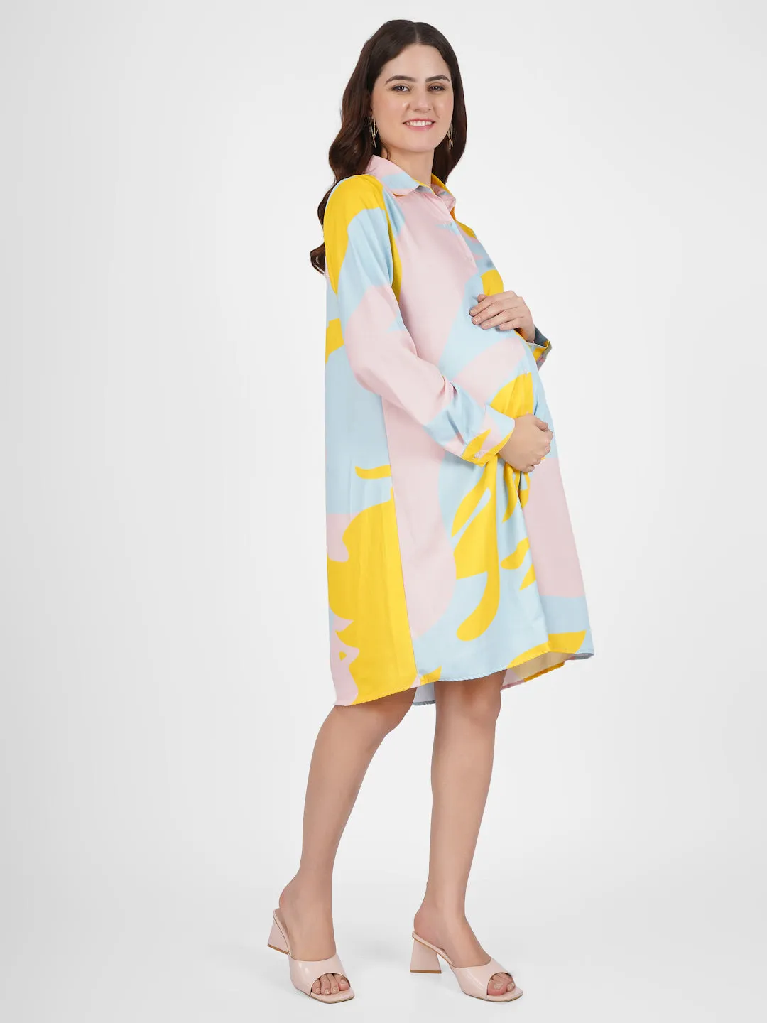 SIYA - STYLISH YELLOW ABSTRACT PRINT A-LINE MATERNITY DRESS