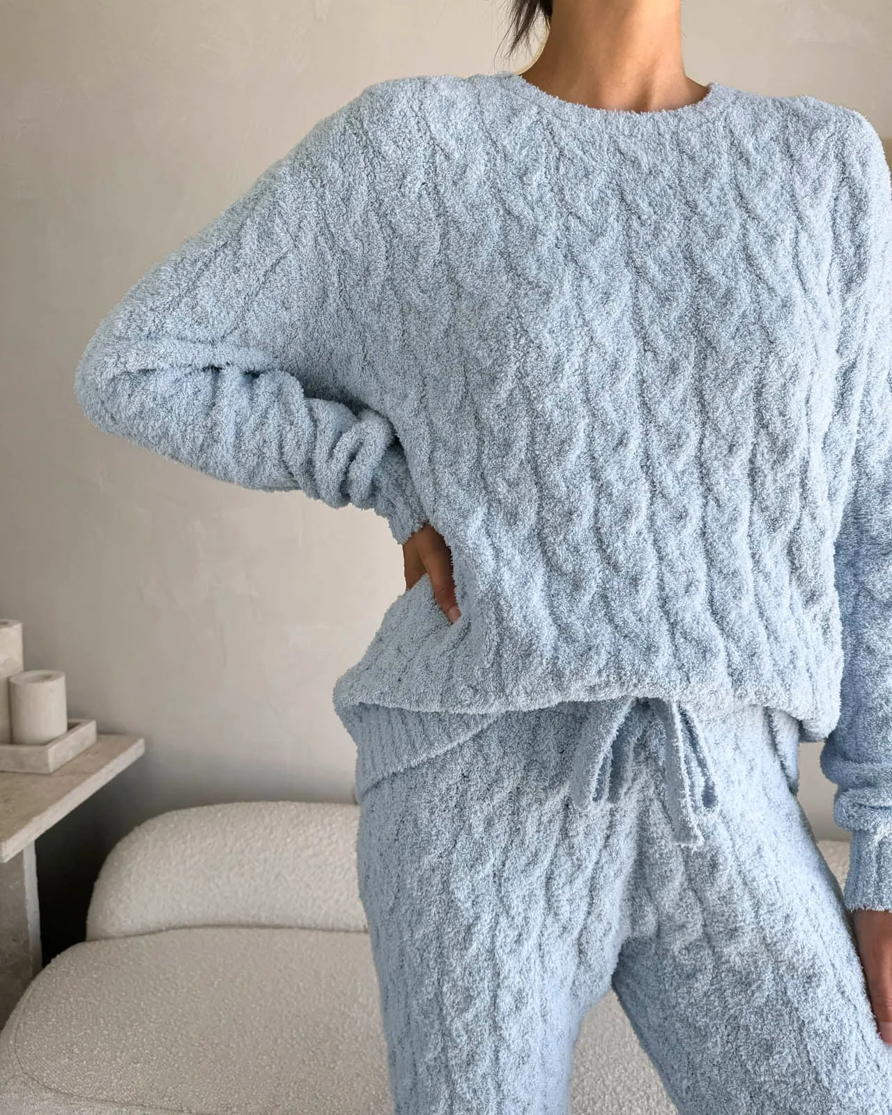 Sky Blue Fuzzy Cable Knit Sweater PJ Set