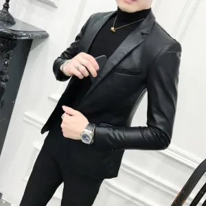 Solid Black Slim Fit PU Leather Business Blazer