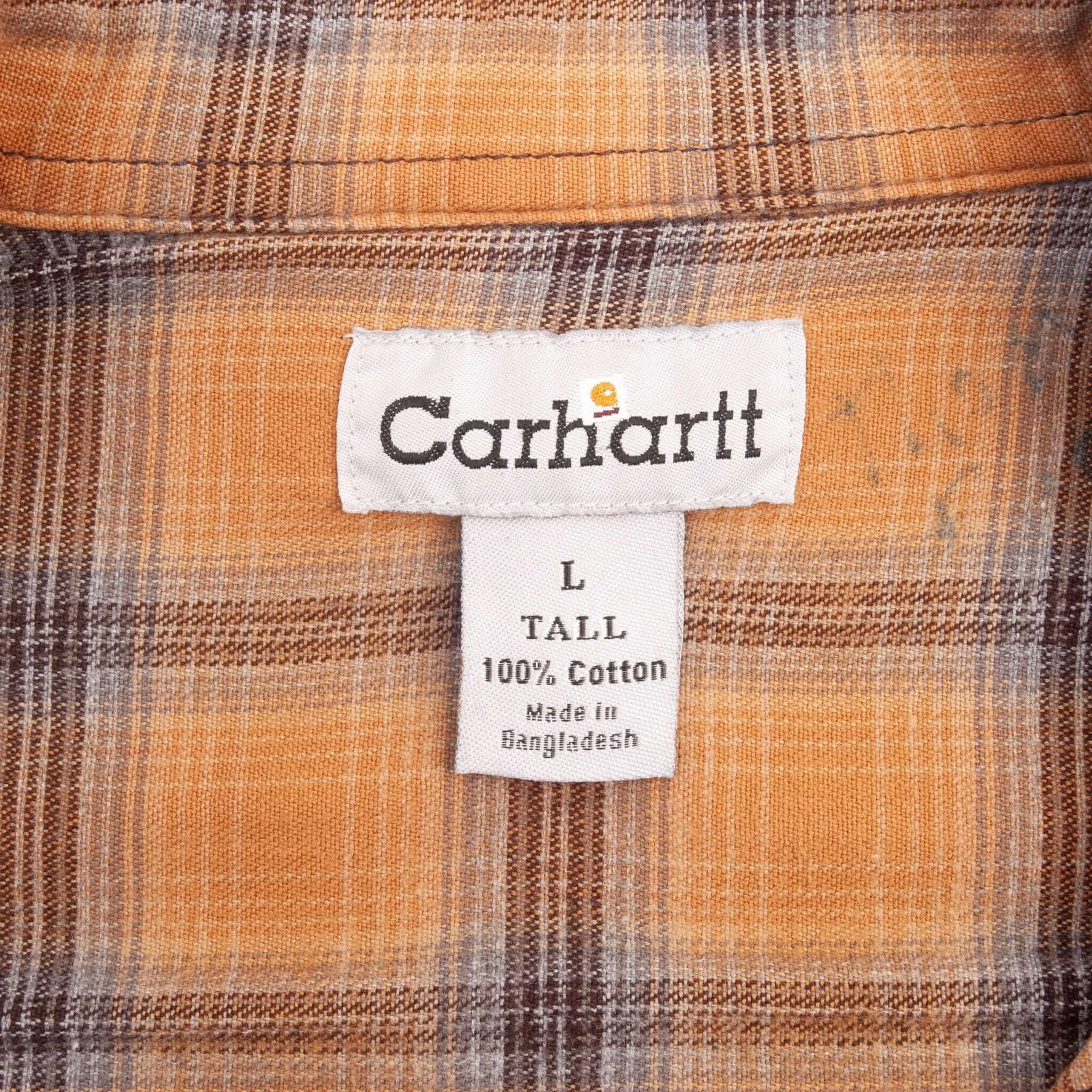 VINTAGE CARHARTT S96 FLANNEL LINED BROWN CANVAS OVER SHIRT 2000S SIZE LARGE TALL