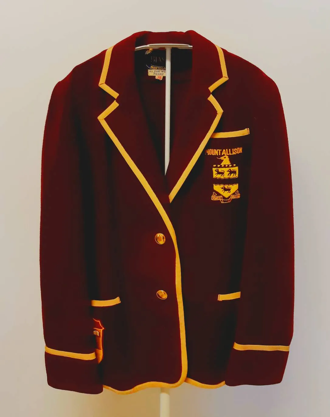 Vintage Mount Allison University Blazer circa 1950's/60's. Made in Canada.  Wool. Bland. Size 36, SOLD