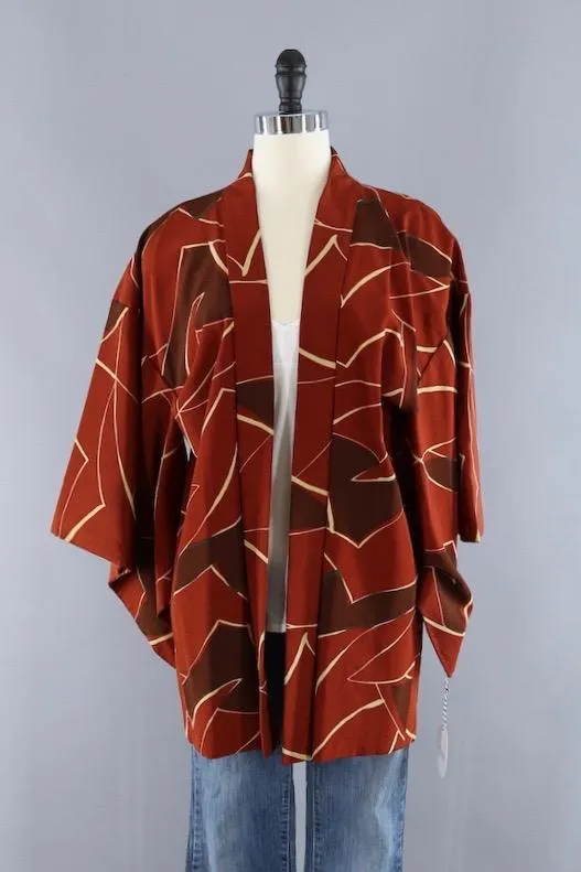 Vintage Silk Kimono Cardigan / Brown Abstract