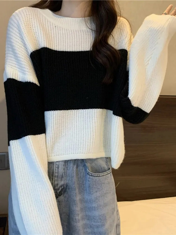 Wenkouban Autumn Winter Knitted Sweater Women Casual Stripe Pullover Korean Vintage Loose Short Knitwear Female Long Sleeve O Neck Sweater