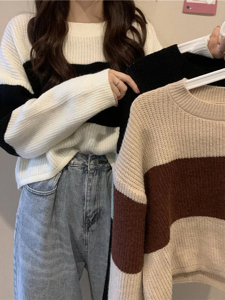 Wenkouban Autumn Winter Knitted Sweater Women Casual Stripe Pullover Korean Vintage Loose Short Knitwear Female Long Sleeve O Neck Sweater